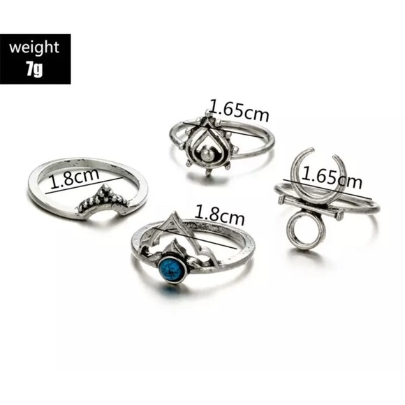 Boho Goddess Turquoise Moon Silver 4pc Ring Set - Picture 6 of 6